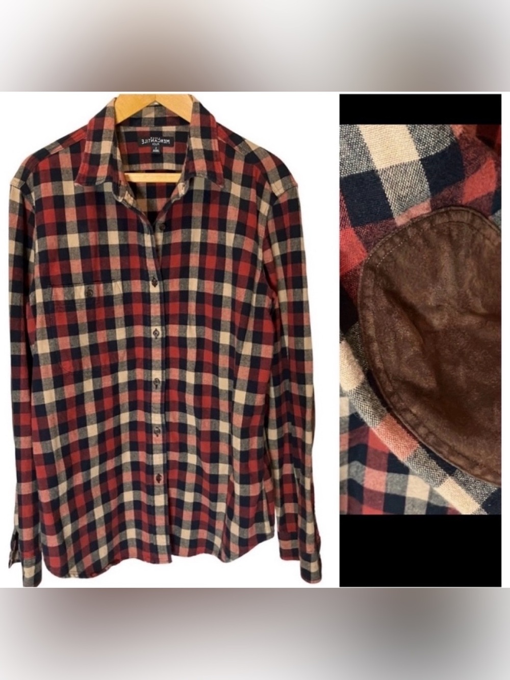 J. Crew Merchantile Flex L Rugged Suede Elbow Patch Plaid Tan Navy Rust Shirt